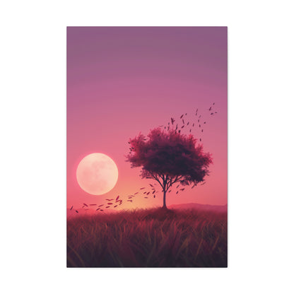 Tree in a Purple Sunset Digital Illustration Canvas Gallery Wraps