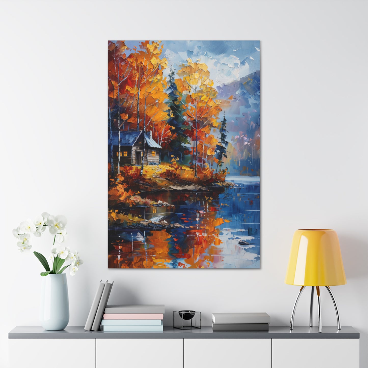 a house near the river which flows through autumn forest - Leonid Afremov Style Digital Print Canvas Gallery Wraps