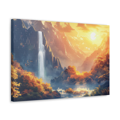 Dreamy Landscape - Waterfall and Mountains in Golden Morning Illustration Canvas Gallery Wraps