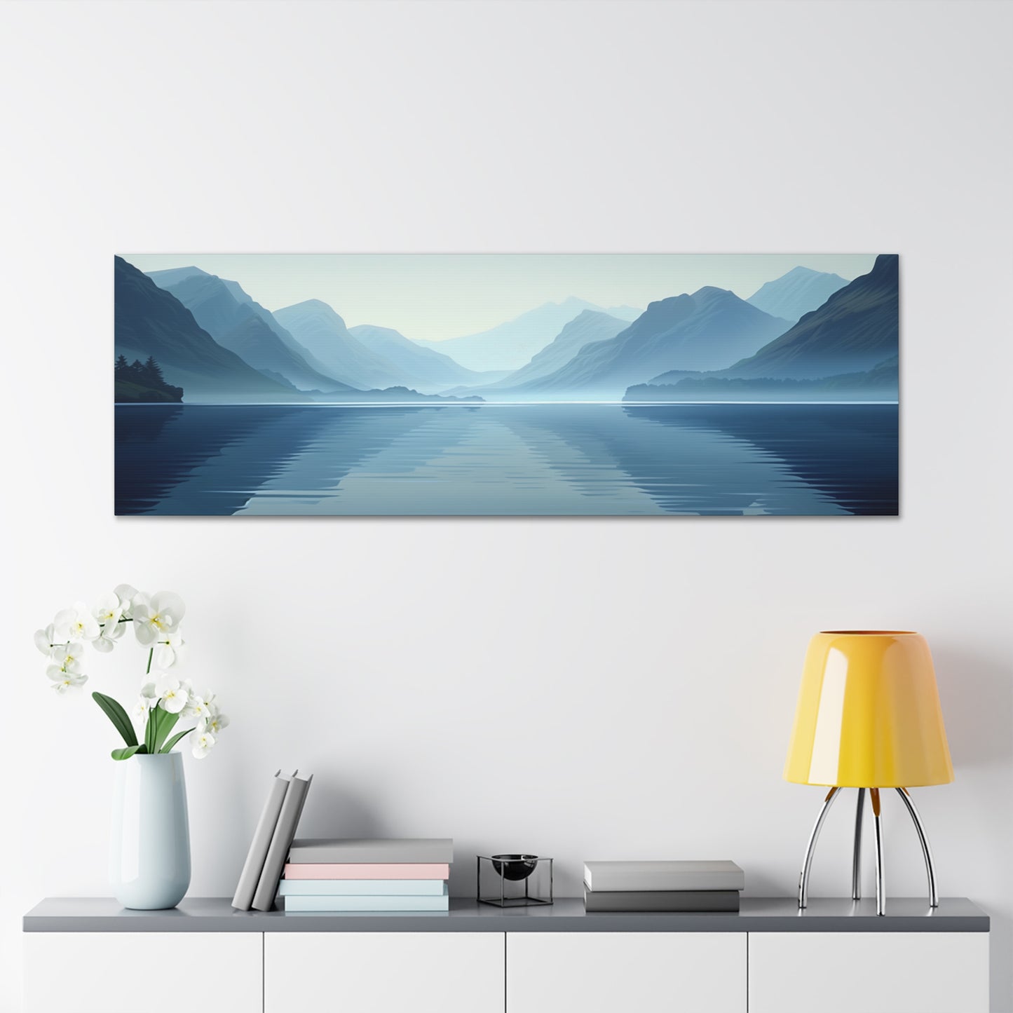 Scottish Lake Landscape - Morning Mist with Mountain Panorama Canvas Gallery Wraps