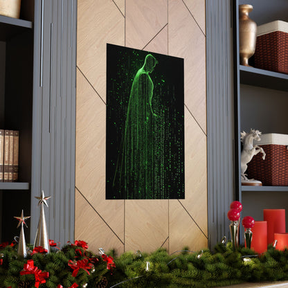 Neon Code Guardian: 3D Glitch Superman Matrix Effect - Digital Illustration Matte Vertical Poster