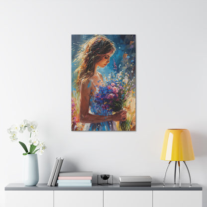 girl holding a flower bouquet - Leonid Afremov Style Digital Print Canvas Gallery Wraps