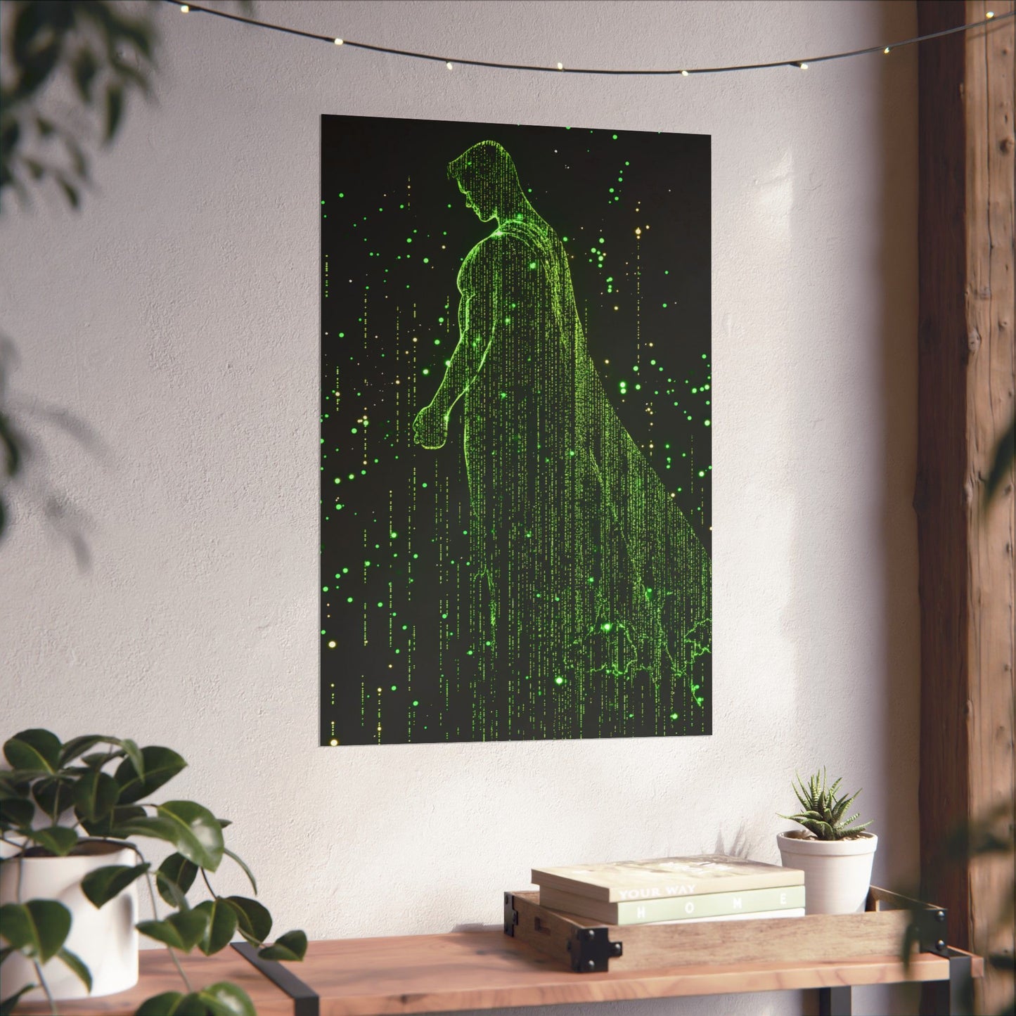 Neon Code Guardian: 3D Glitch Superman Matrix Effect - Digital Illustration Matte Vertical Poster