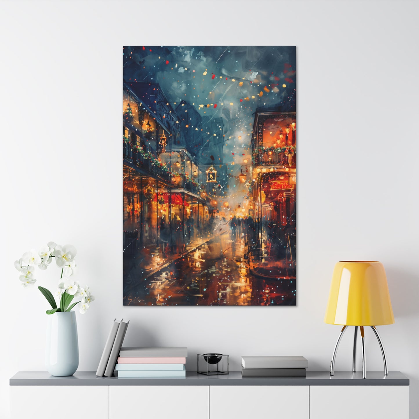 Christmas Street Corner in Downtown - Rembrandt Style Digital Oil Painting  Canvas Gallery Wraps