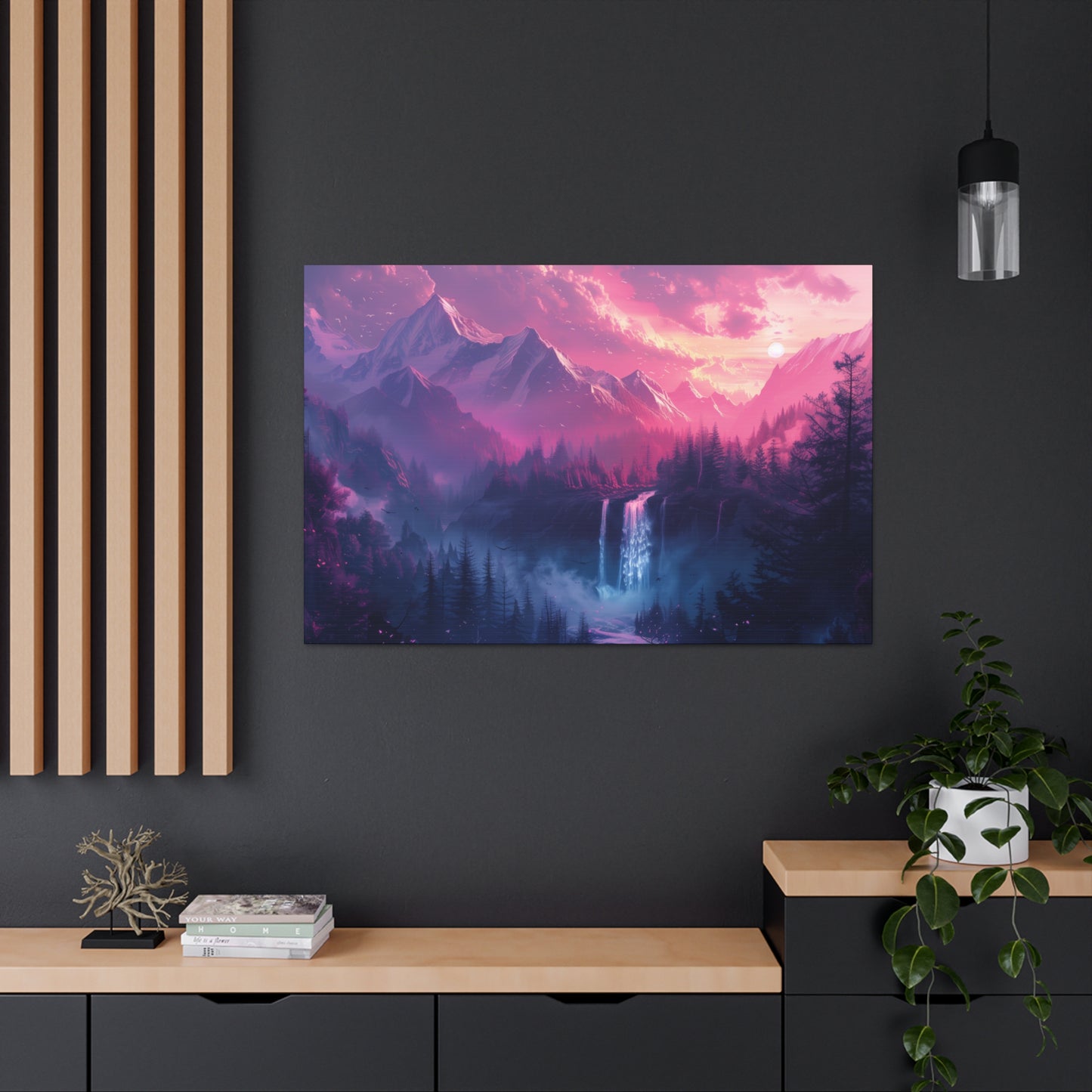 Dreamy Landscape Sunset with Waterfall and Mountains - Digital Illustration Canvas Gallery Wraps