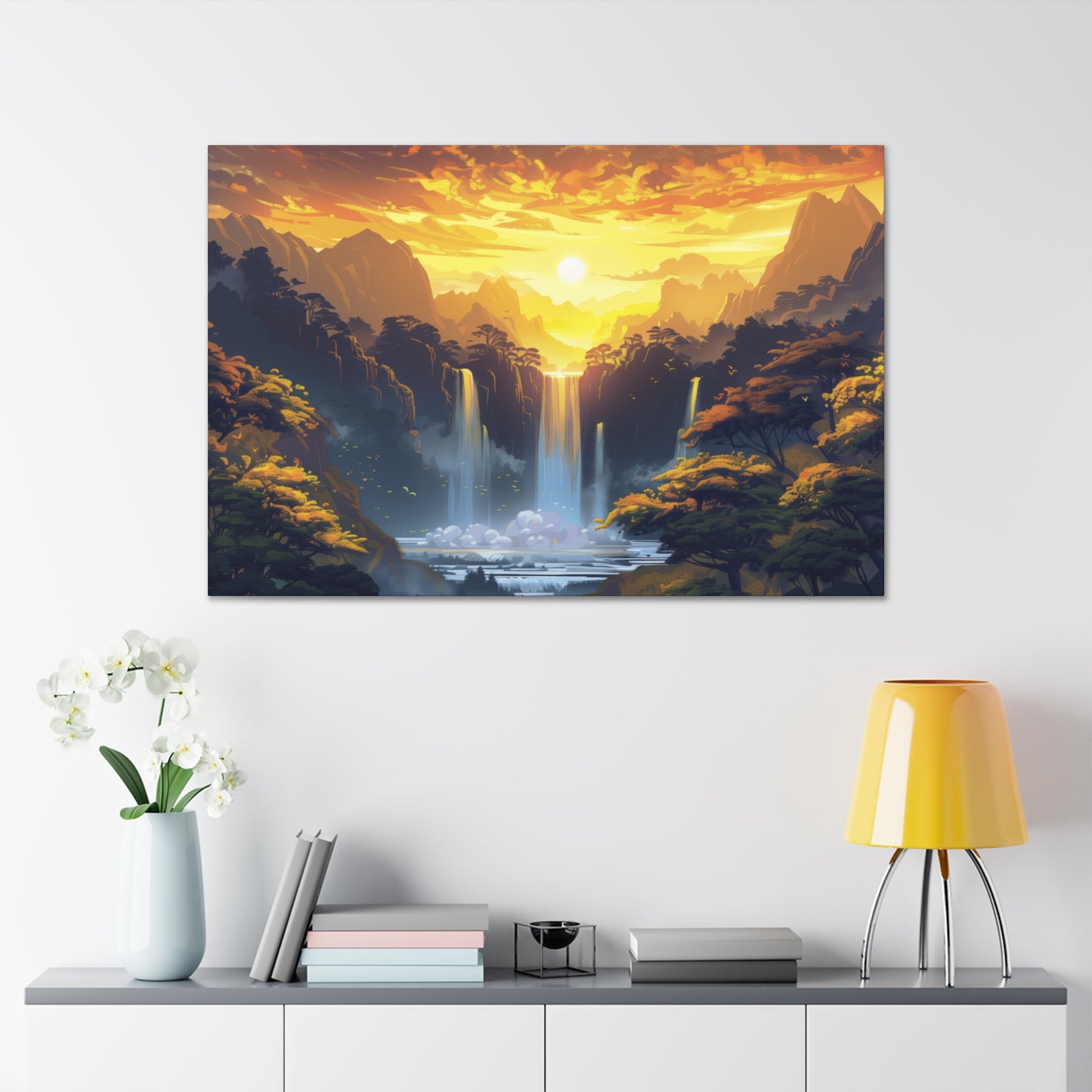 Dreamy Landscape - Waterfall and Mountains in Golden Morning Illustration Canvas Gallery Wraps