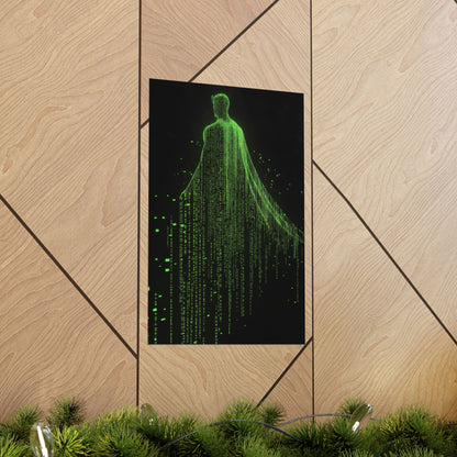 Neon Code Guardian: 3D Glitch Superman Matrix Effect - Digital Illustration Matte Vertical Poster