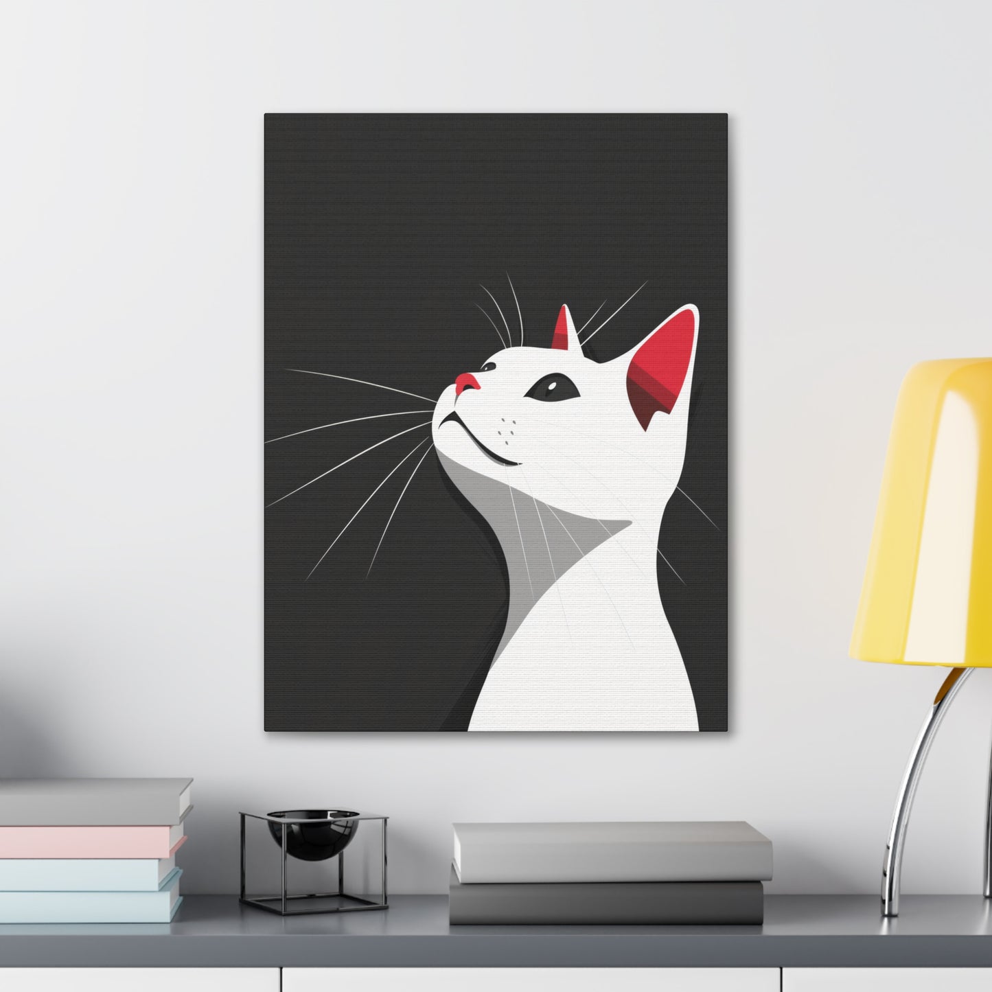 White Cat in Black Background Digital Illustration Canvas Gallery Wraps