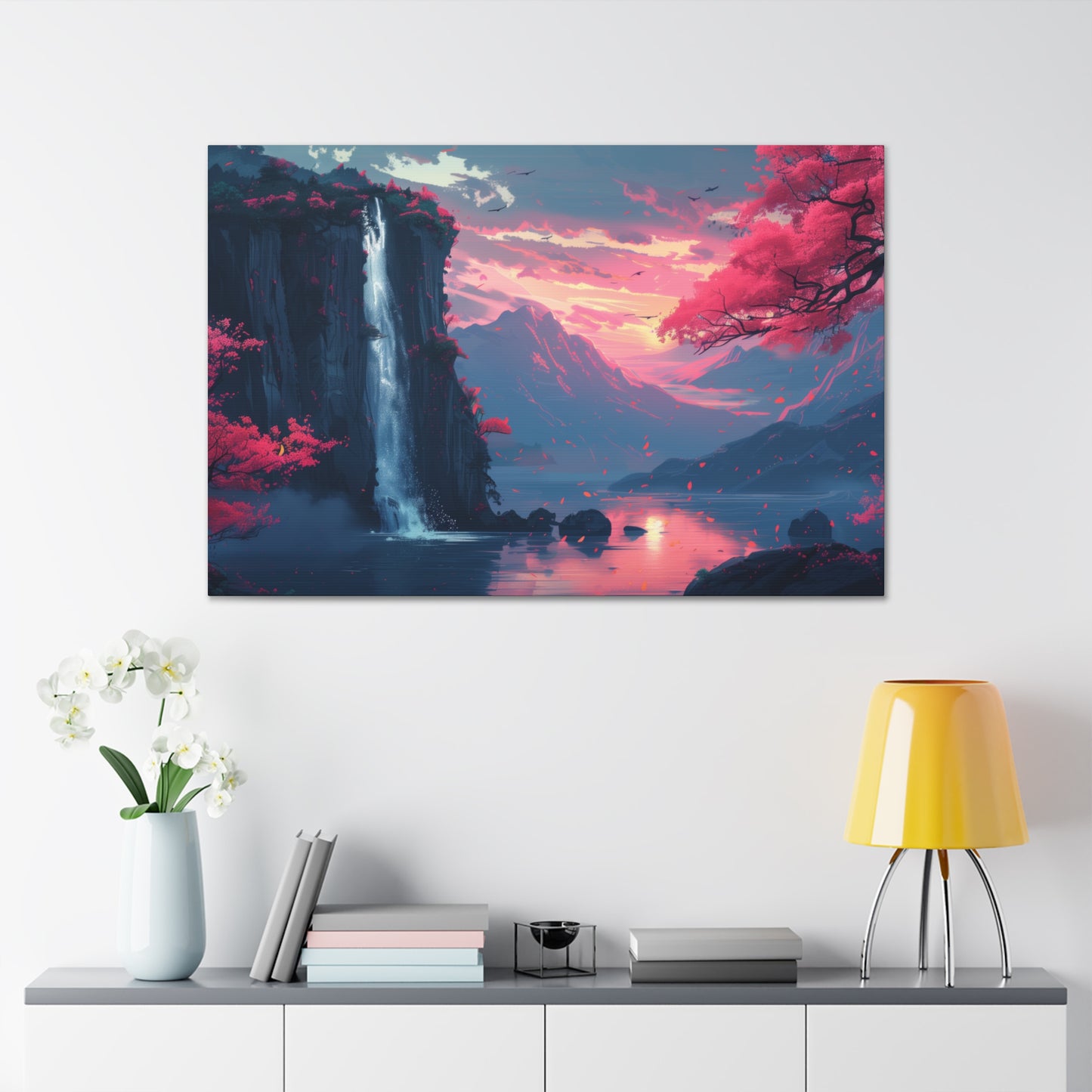 Dreamy Landscape with Waterfall and Mountains - Purple Evening Digital Illustration Canvas Gallery Wraps