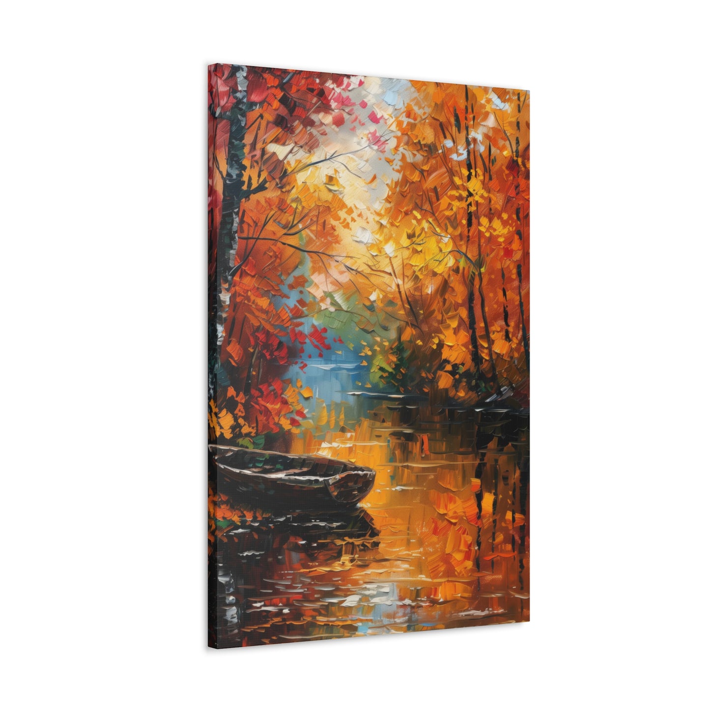 Boat in river side which flows through autumn forest - Leonid Afremov Style Digital Print Canvas Gallery Wraps