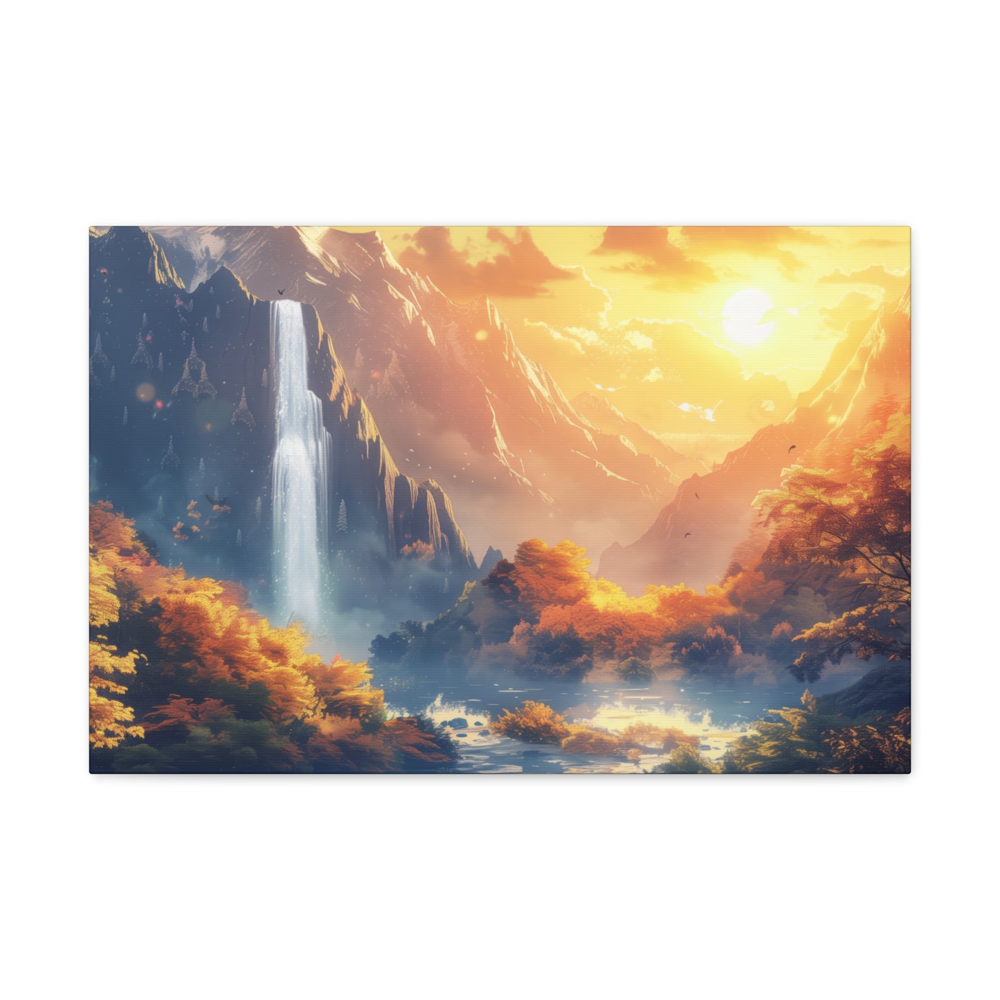 Dreamy Landscape - Waterfall and Mountains in Golden Morning Illustration Canvas Gallery Wraps