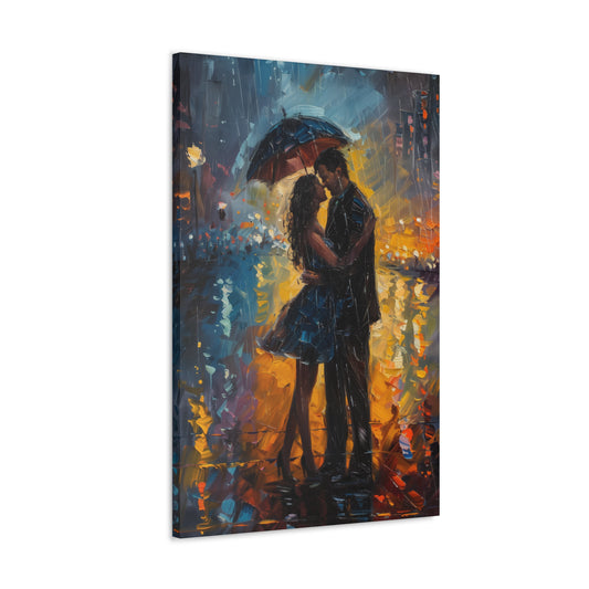 couple in the city streets in a rainy day with umbrella - Leonid Afremov Style Digital Print Canvas Gallery Wraps