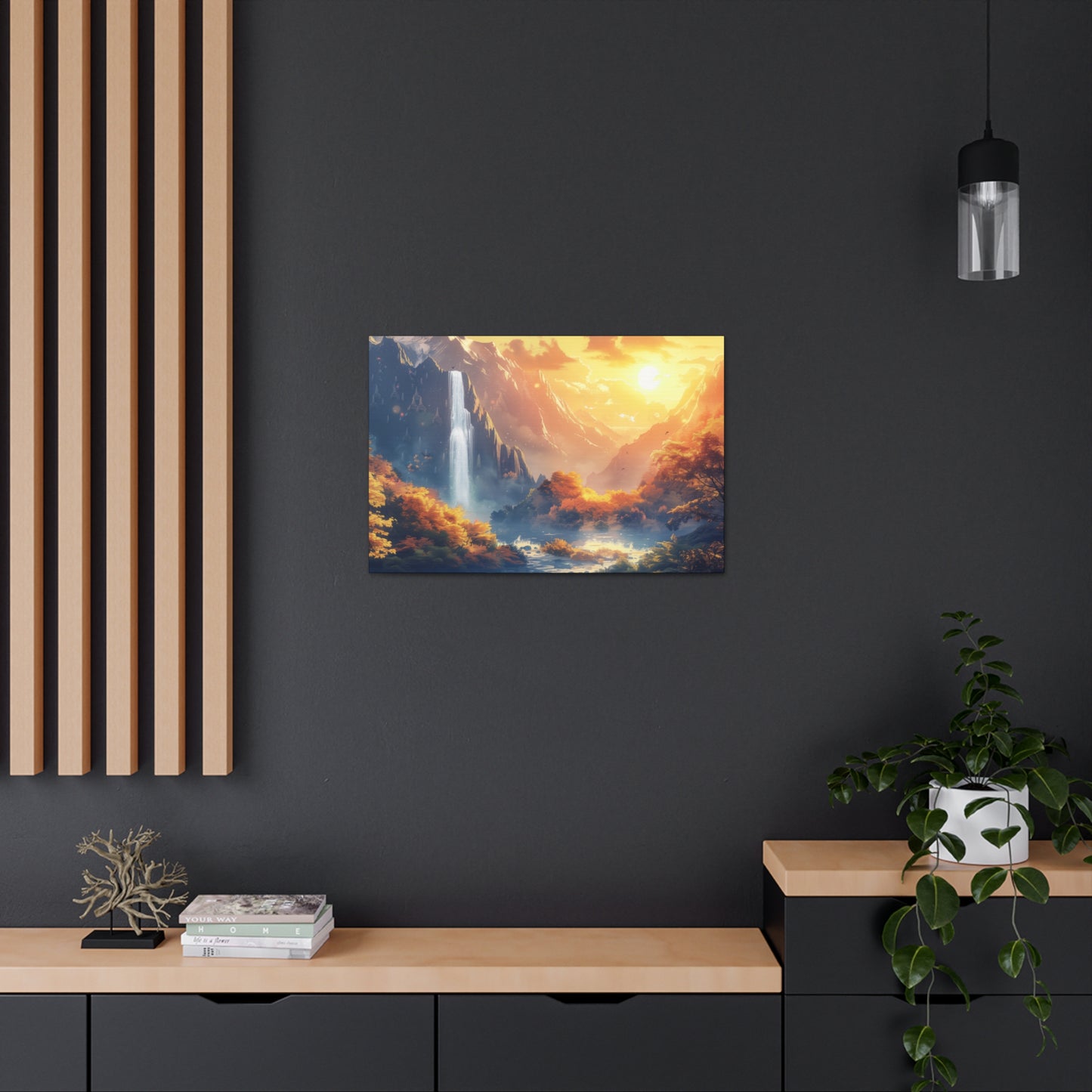 Dreamy Landscape - Waterfall and Mountains in Golden Morning Illustration Canvas Gallery Wraps