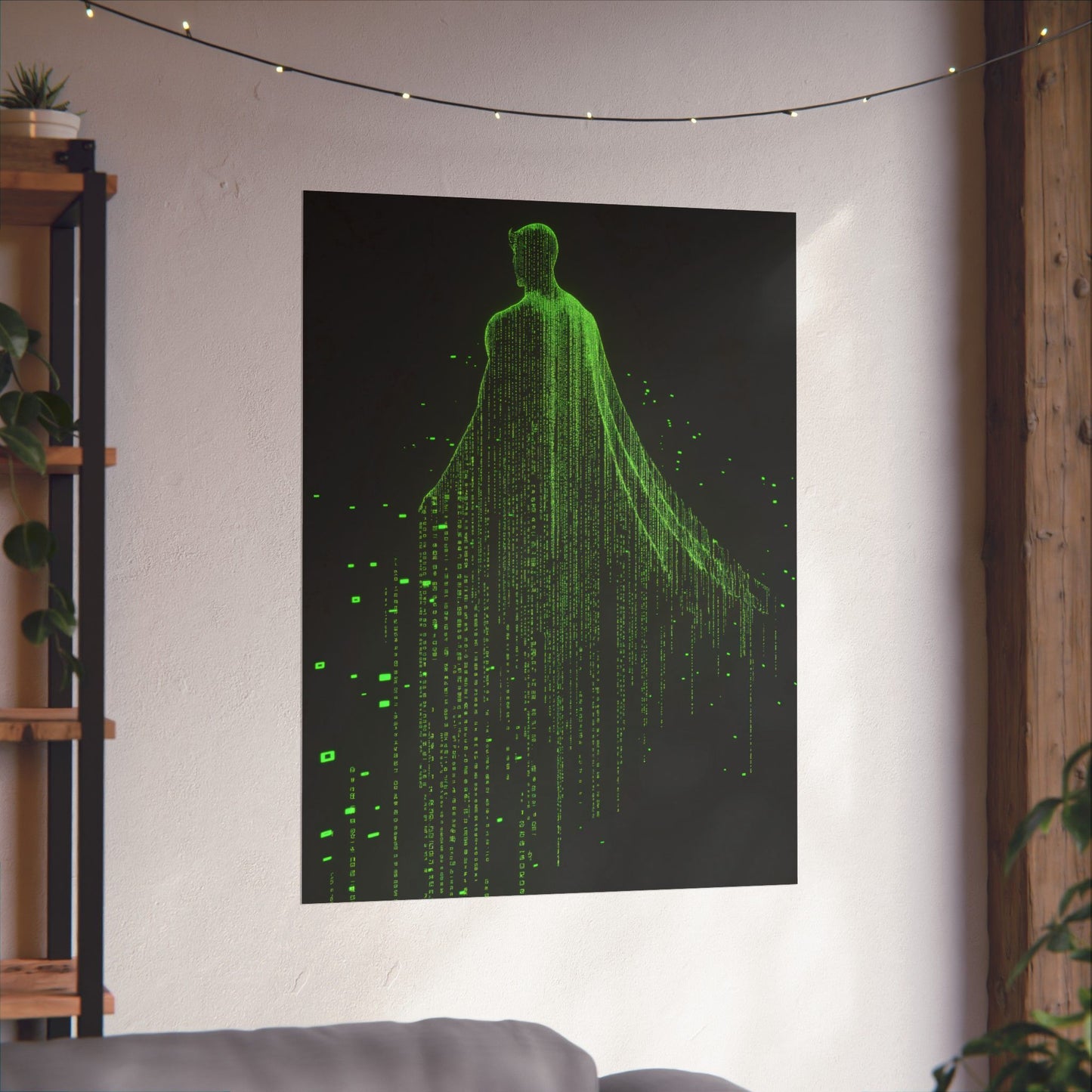 Neon Code Guardian: 3D Glitch Superman Matrix Effect - Digital Illustration Matte Vertical Poster