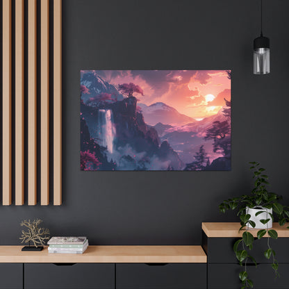 Dreamy Landscape with Waterfall and Mountains - Purple Evening Digital Illustration Canvas Gallery Wraps