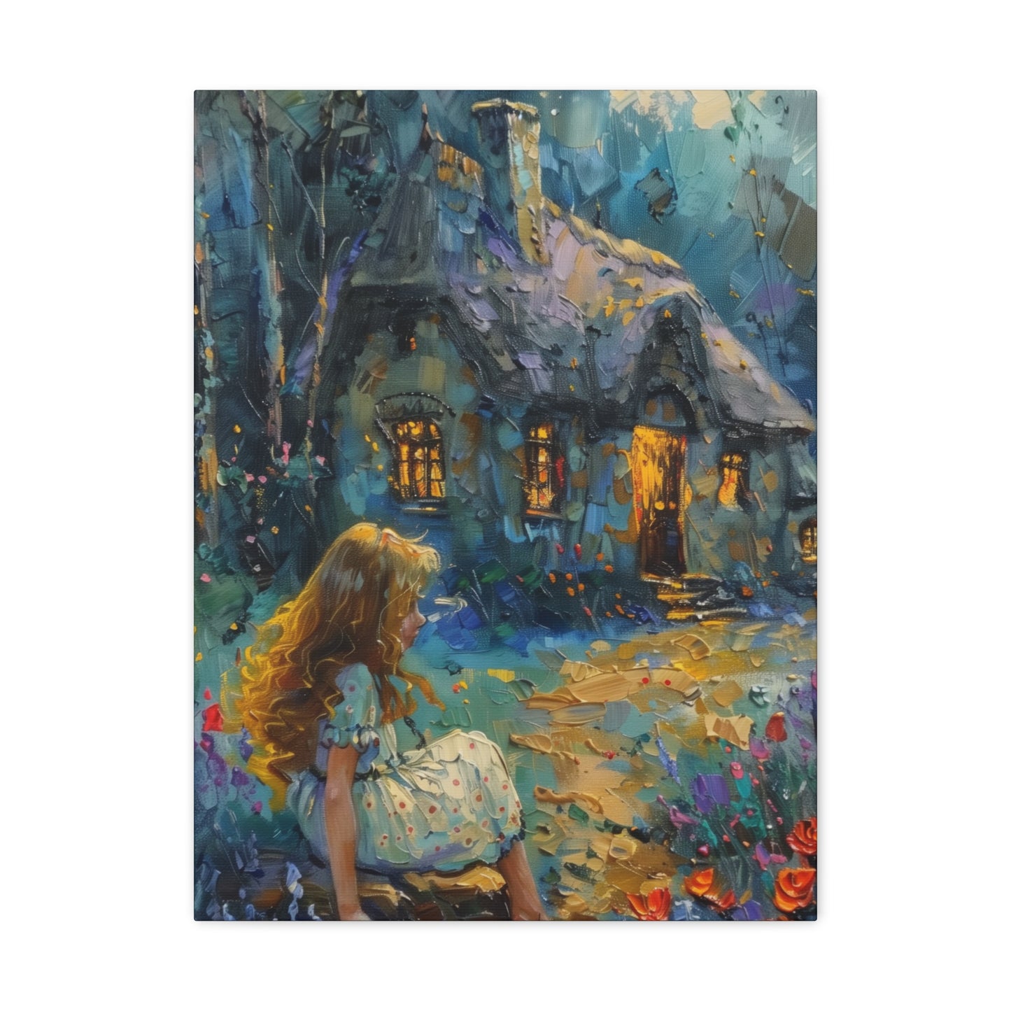 little girl sitting front of a hut in countryside Digital Oil Painting Print Canvas Gallery Wraps