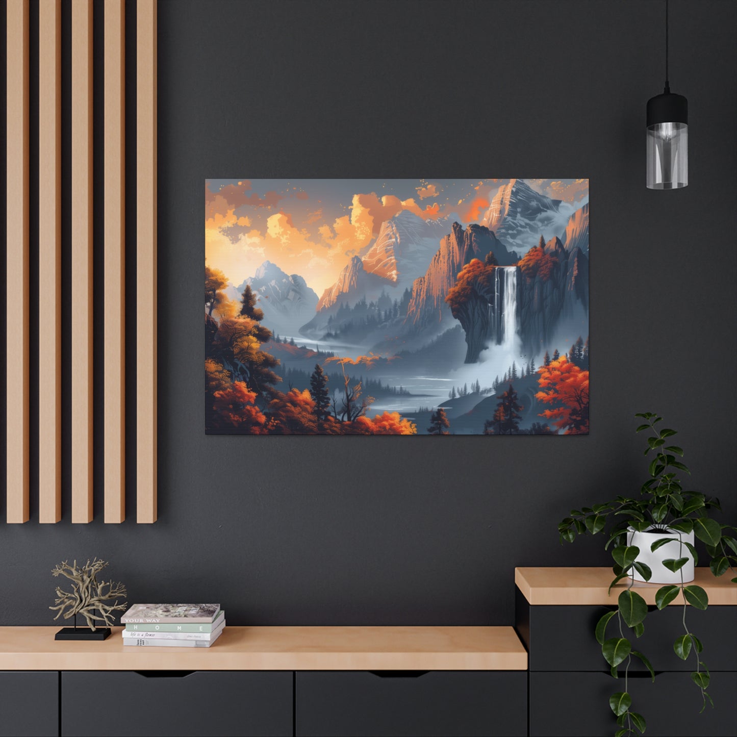 Dreamy Landscape Morning with Waterfall and Mountains - Digital Illustration Canvas Gallery Wraps