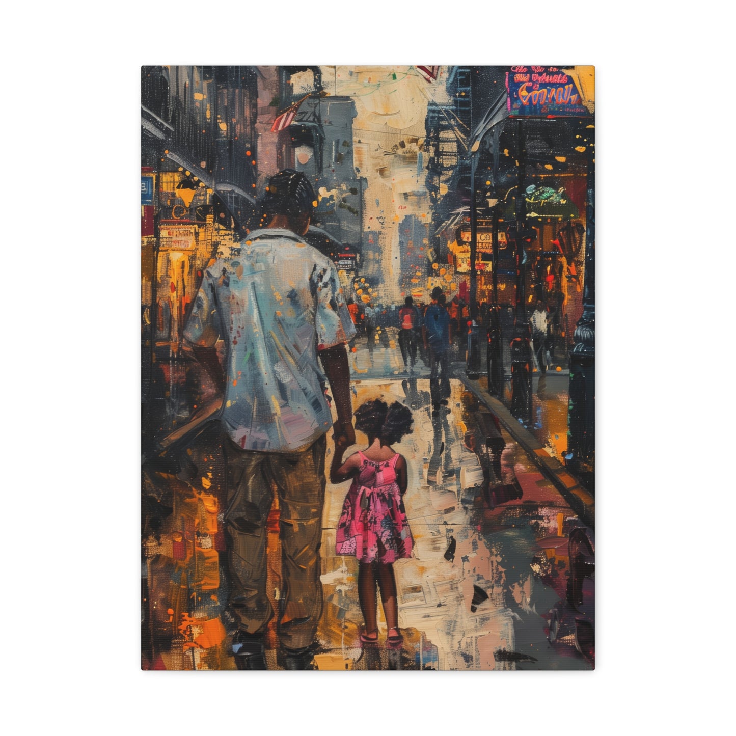 Father and Daughter Walking on the Street - Rembrandt Style Digital Oil Painting Canvas Gallery Wraps