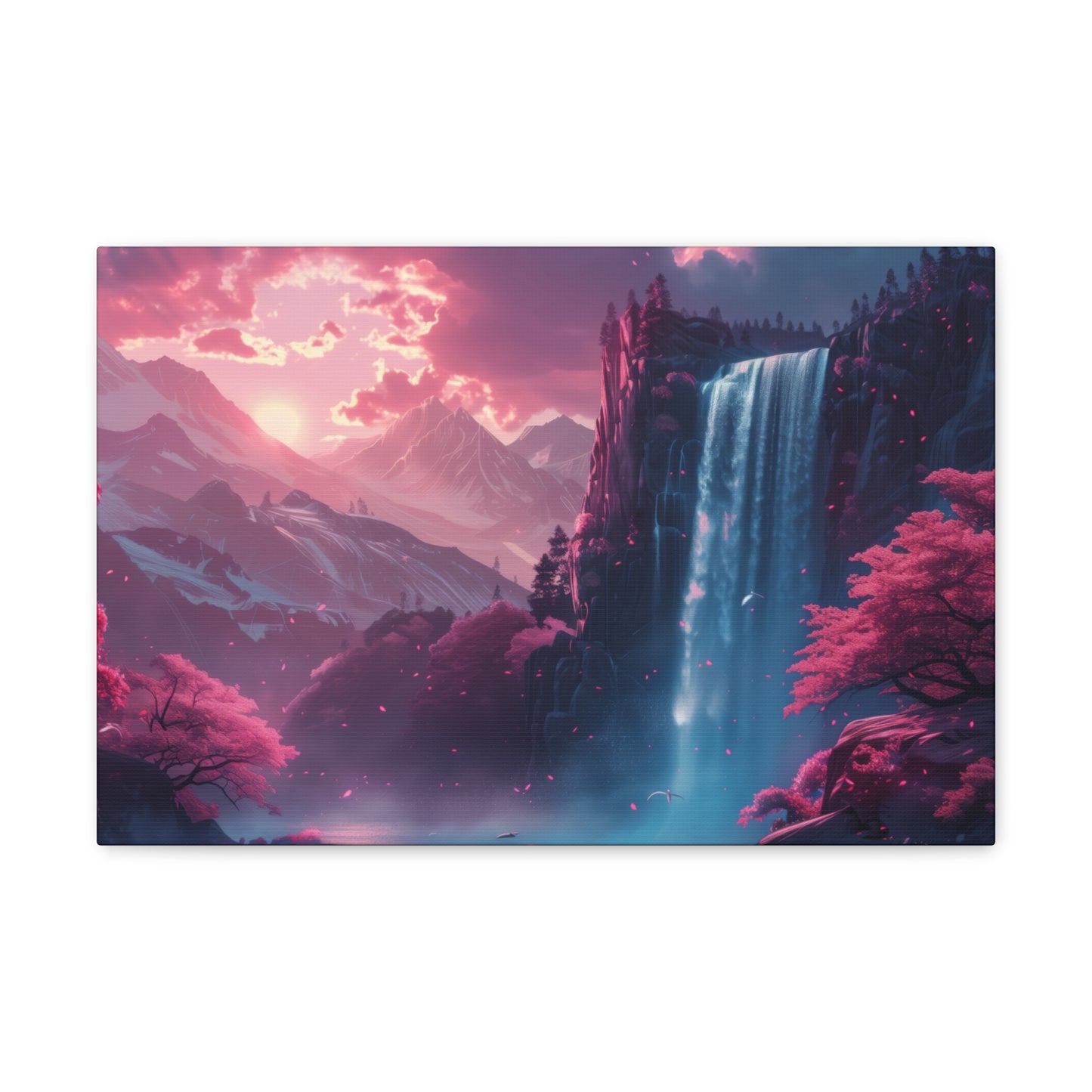 Dreamy Landscape Sunset with Waterfall and Mountains - Digital Illustration Canvas Gallery Wraps