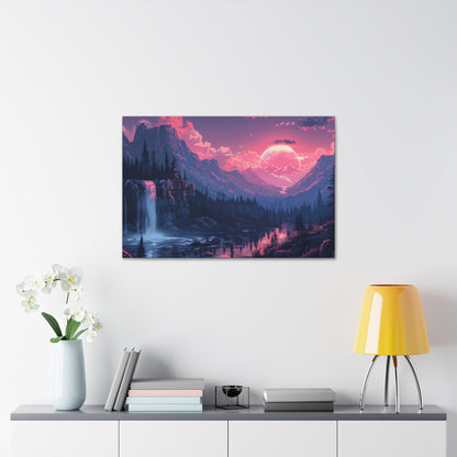 Dreamy Landscape Sunset with Waterfall and Mountains -  Digital Illustration Canvas Gallery Wraps