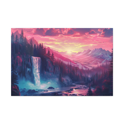 Dreamy Landscape with Waterfall and Mountains - Purple Evening Digital Illustration Canvas Gallery Wraps