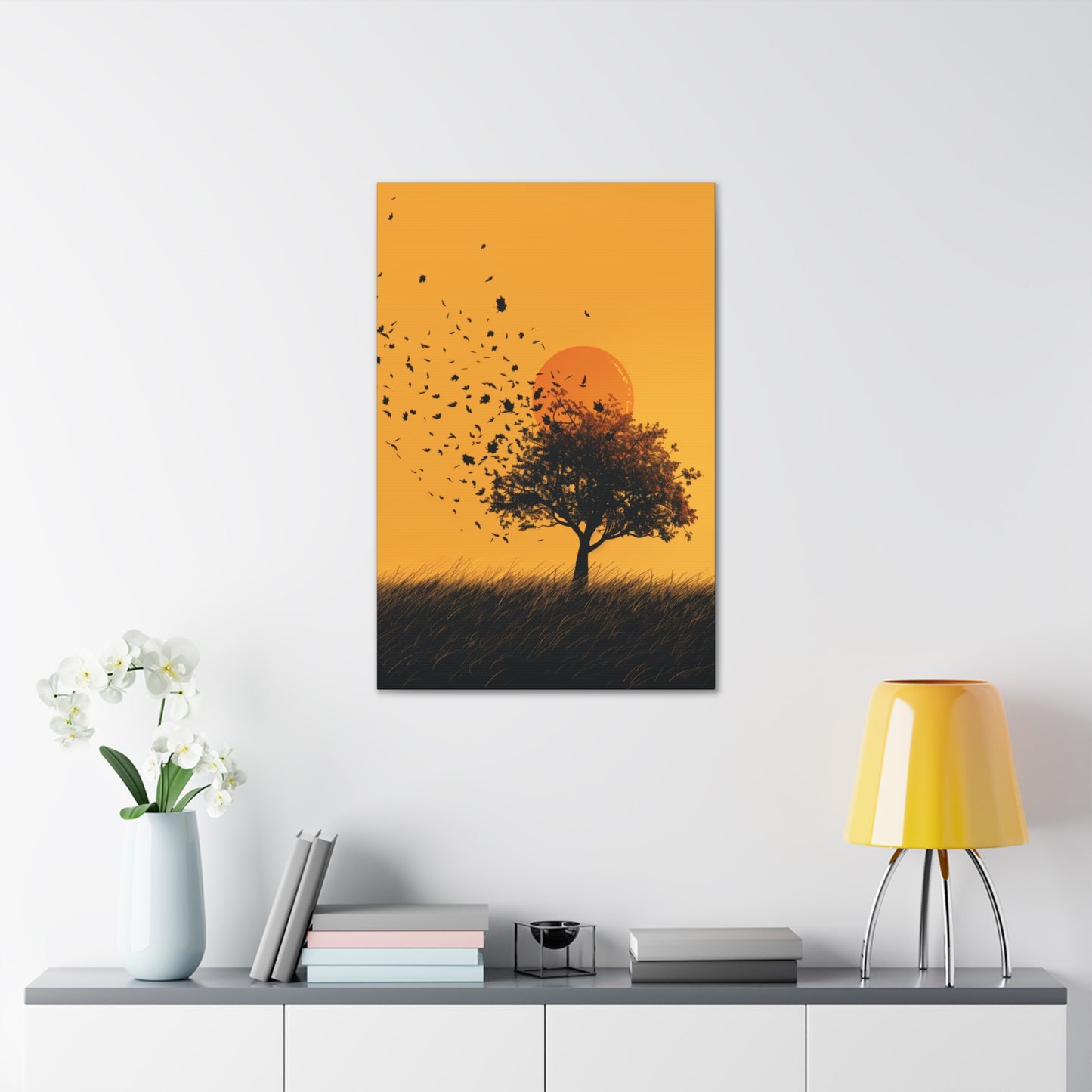 Leafless Tree in a Golden Sunset Digital Illustration Canvas Gallery Wraps