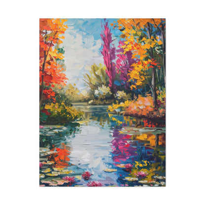 Pond in a Autumn Forest - Claude Monet Style Digital Print Canvas Gallery Wraps