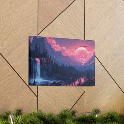 Dreamy Landscape Sunset with Waterfall and Mountains -  Digital Illustration Canvas Gallery Wraps