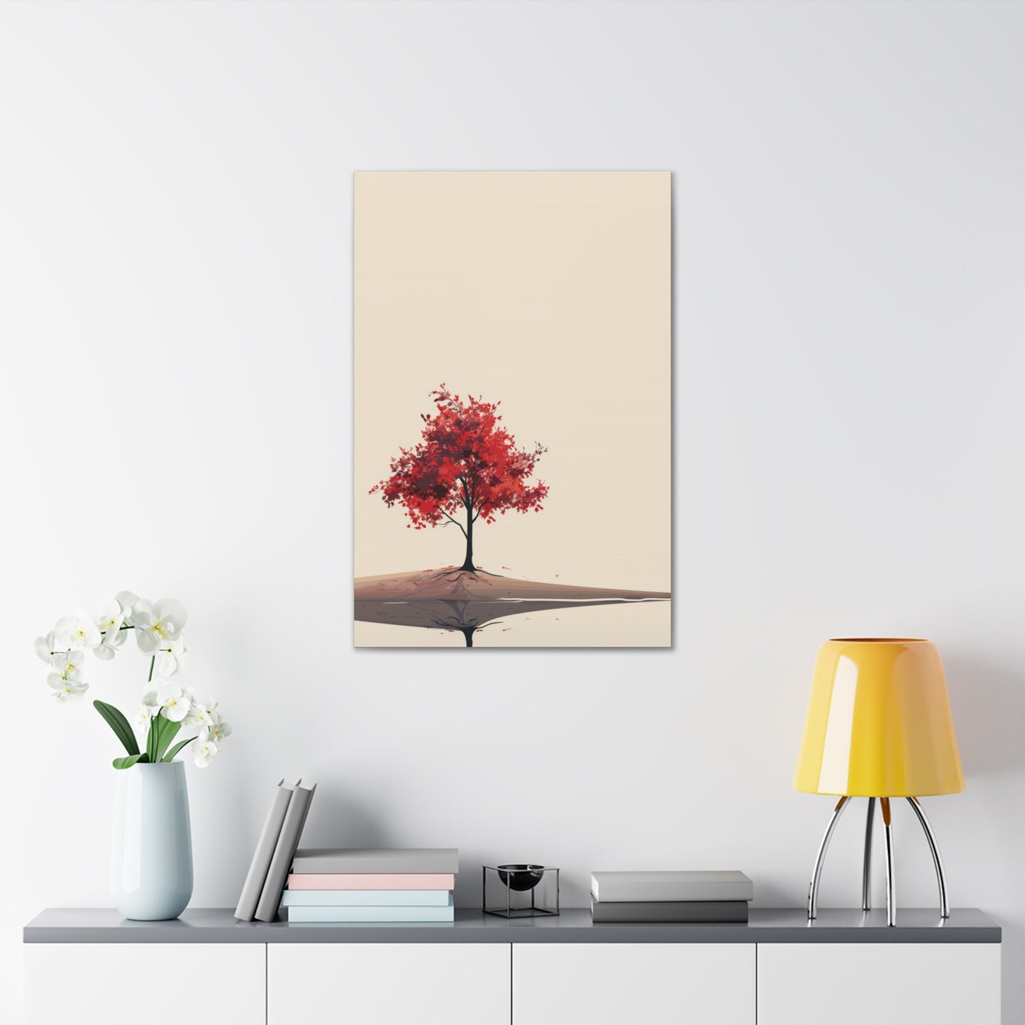 Lone Tree with Red Leaves - Portrait Illustration Canvas Gallery Wraps