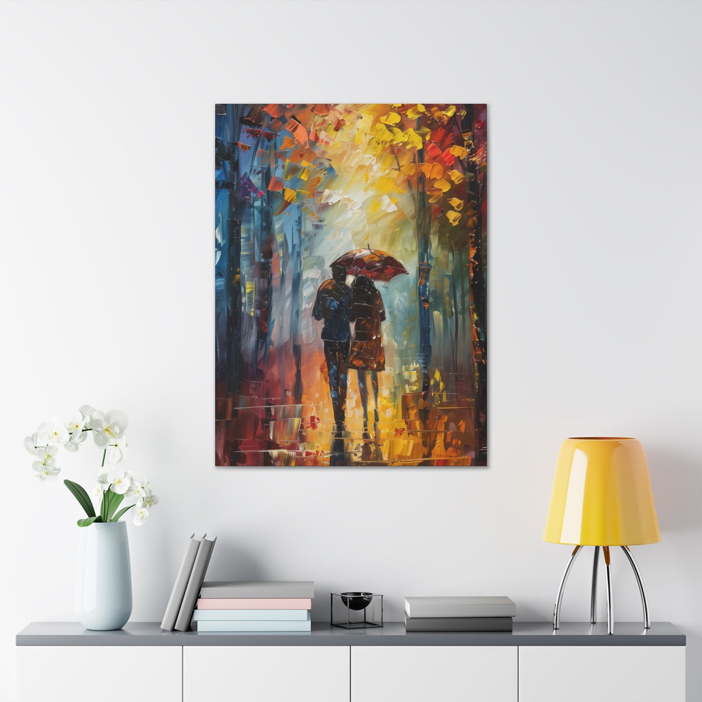 Couple Walking in the Street with Umbrella - Leonid Afremov Style Digital Oil Painting Canvas Gallery Wraps