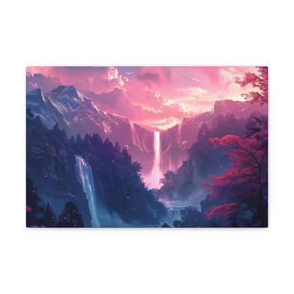 Dreamy Landscape with Waterfall and Mountains - Purple Evening Digital Illustration Canvas Gallery Wraps