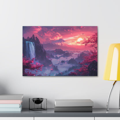 Dreamy Landscape Sunset with Waterfall and Mountains - Digital Illustration Canvas Gallery Wraps