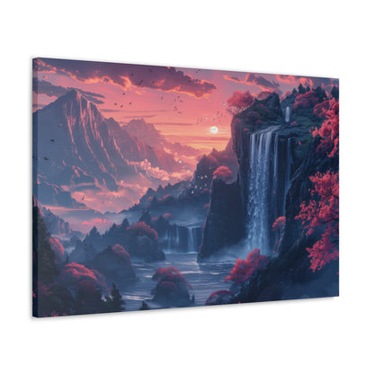 Dreamy Landscape Sunset with Waterfall and Mountains - Digital Illustration Canvas Gallery Wraps