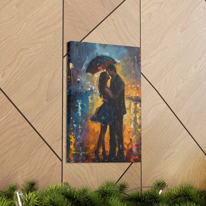 couple in the city streets in a rainy day with umbrella - Leonid Afremov Style Digital Print Canvas Gallery Wraps