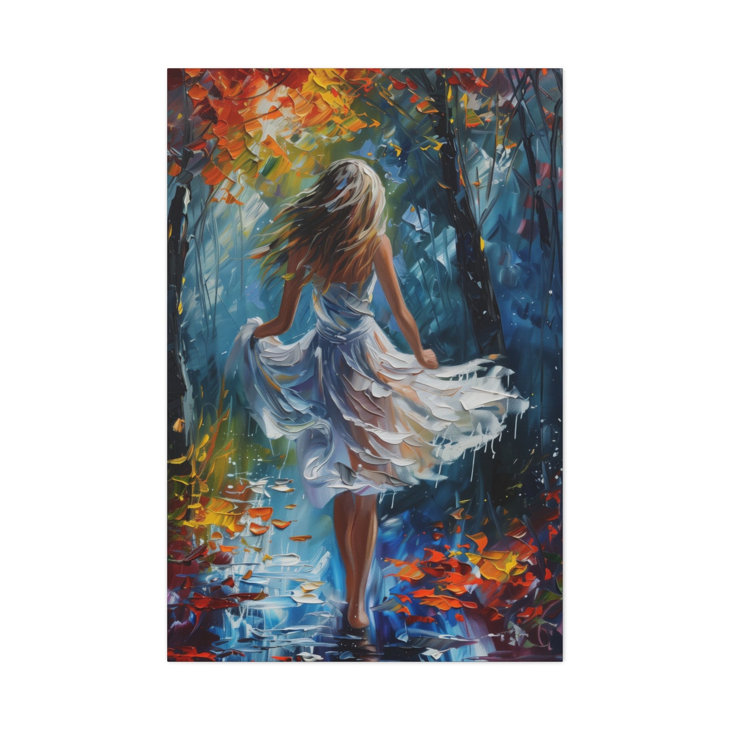 girl walking in the street wearing white dress - Leonid Afremov Style Digital Print Canvas Gallery Wraps