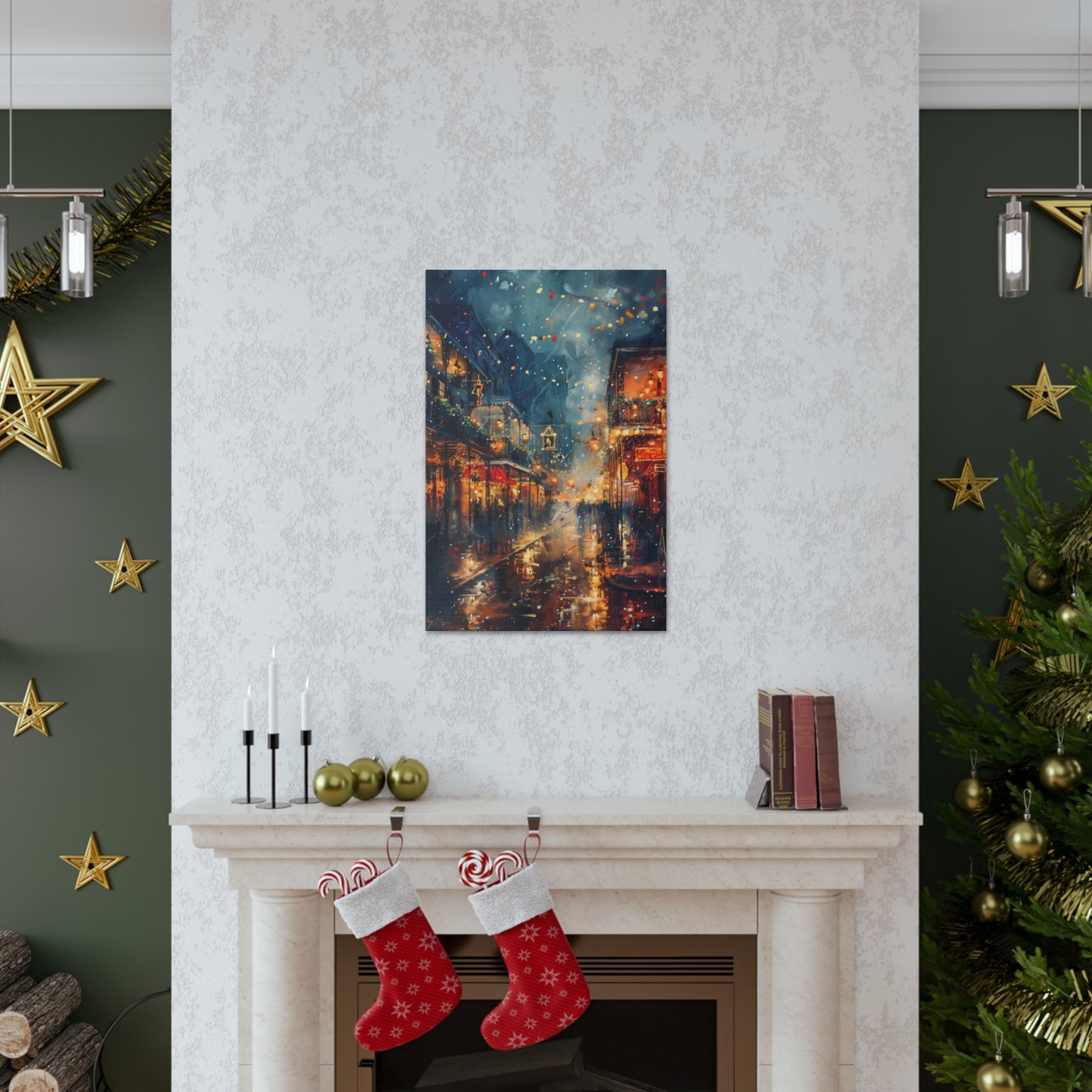 Christmas Street Corner in Downtown - Rembrandt Style Digital Oil Painting  Canvas Gallery Wraps