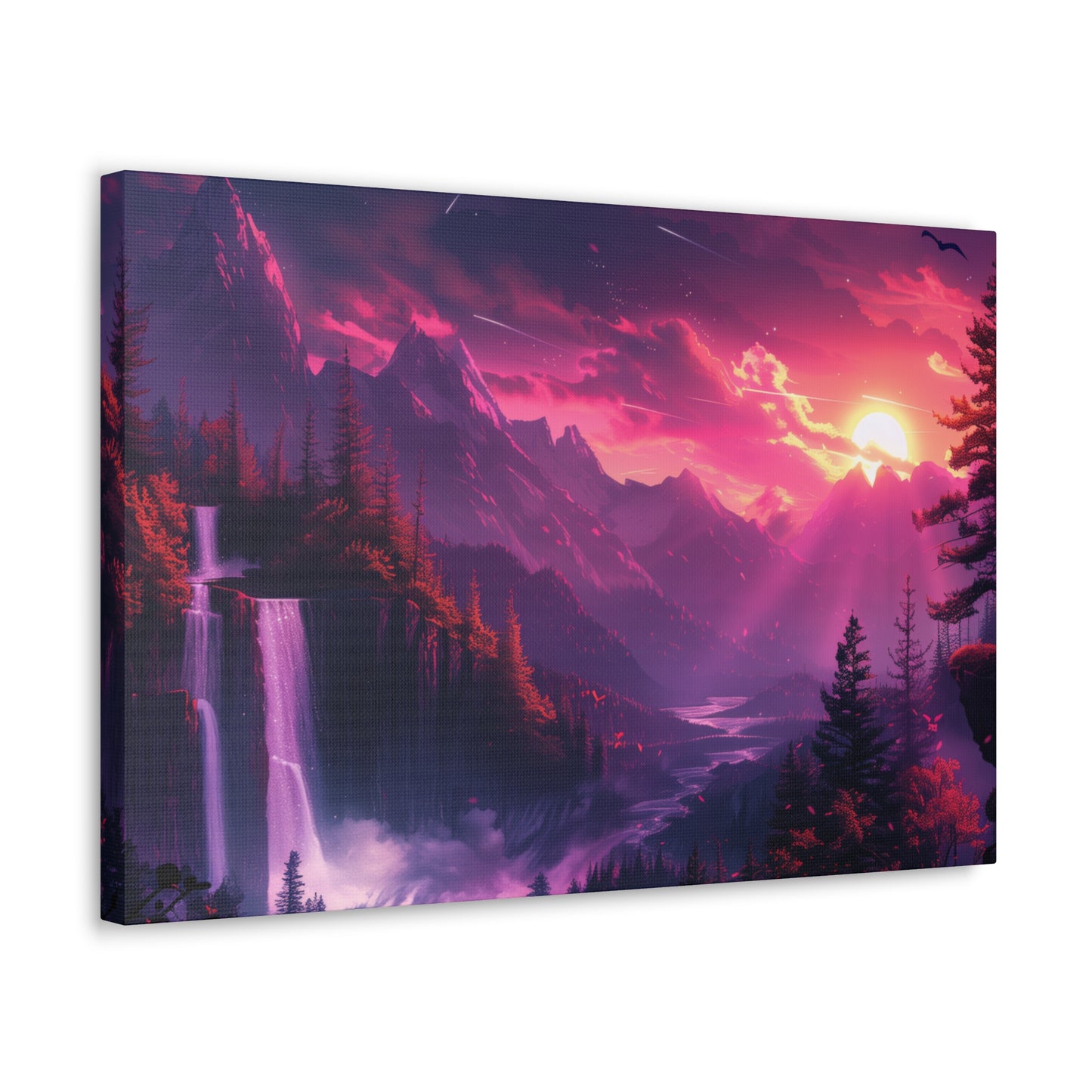 Dreamy Landscape with Waterfall and Mountains - Purple Evening Digital Illustration Canvas Gallery Wraps