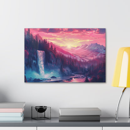 Dreamy Landscape with Waterfall and Mountains - Purple Evening Digital Illustration Canvas Gallery Wraps