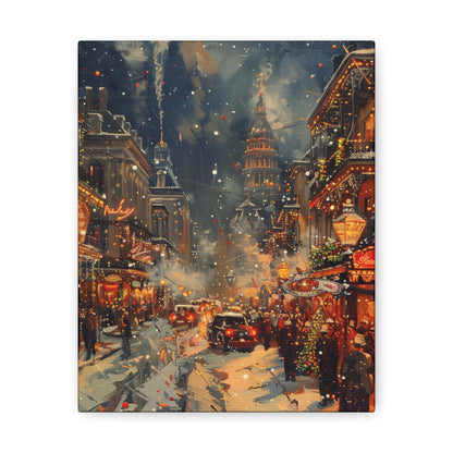 Christmas Street Corner in Downtown - Rembrandt Style Digital Oil Painting Canvas Gallery Wraps