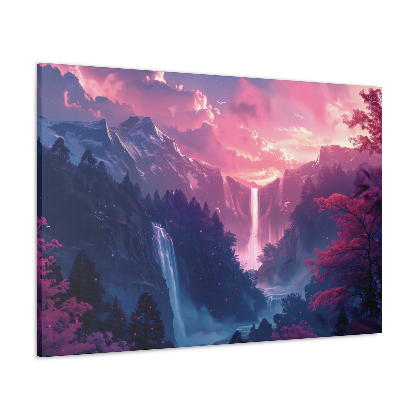 Dreamy Landscape with Waterfall and Mountains - Purple Evening Digital Illustration Canvas Gallery Wraps