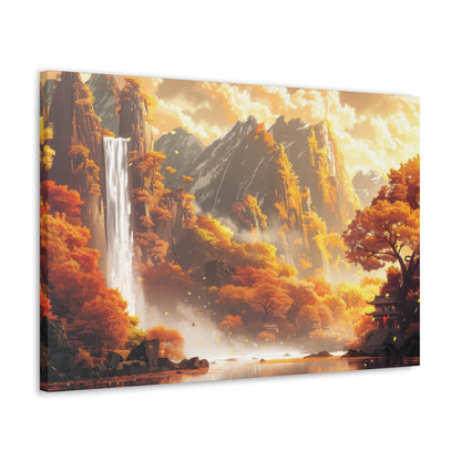 Dreamy Landscape Sunset with Waterfall and Mountains - Digital Illustration Canvas Gallery Wraps