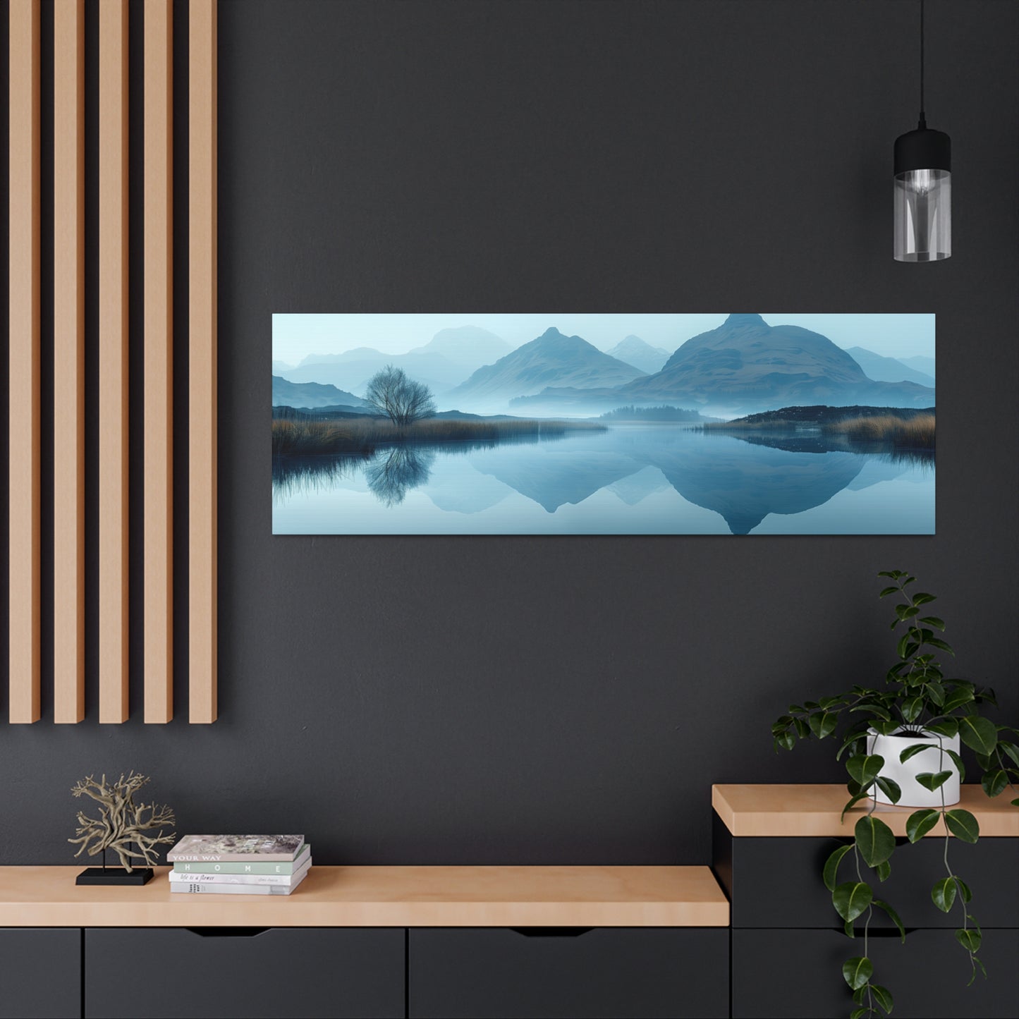 Lake Landscape with Mountains - Morning Mist Panorama Canvas Gallery Wraps