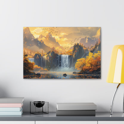 Dreamy Landscape Sunset with Waterfall and Mountains - Digital Illustration Canvas Gallery Wraps