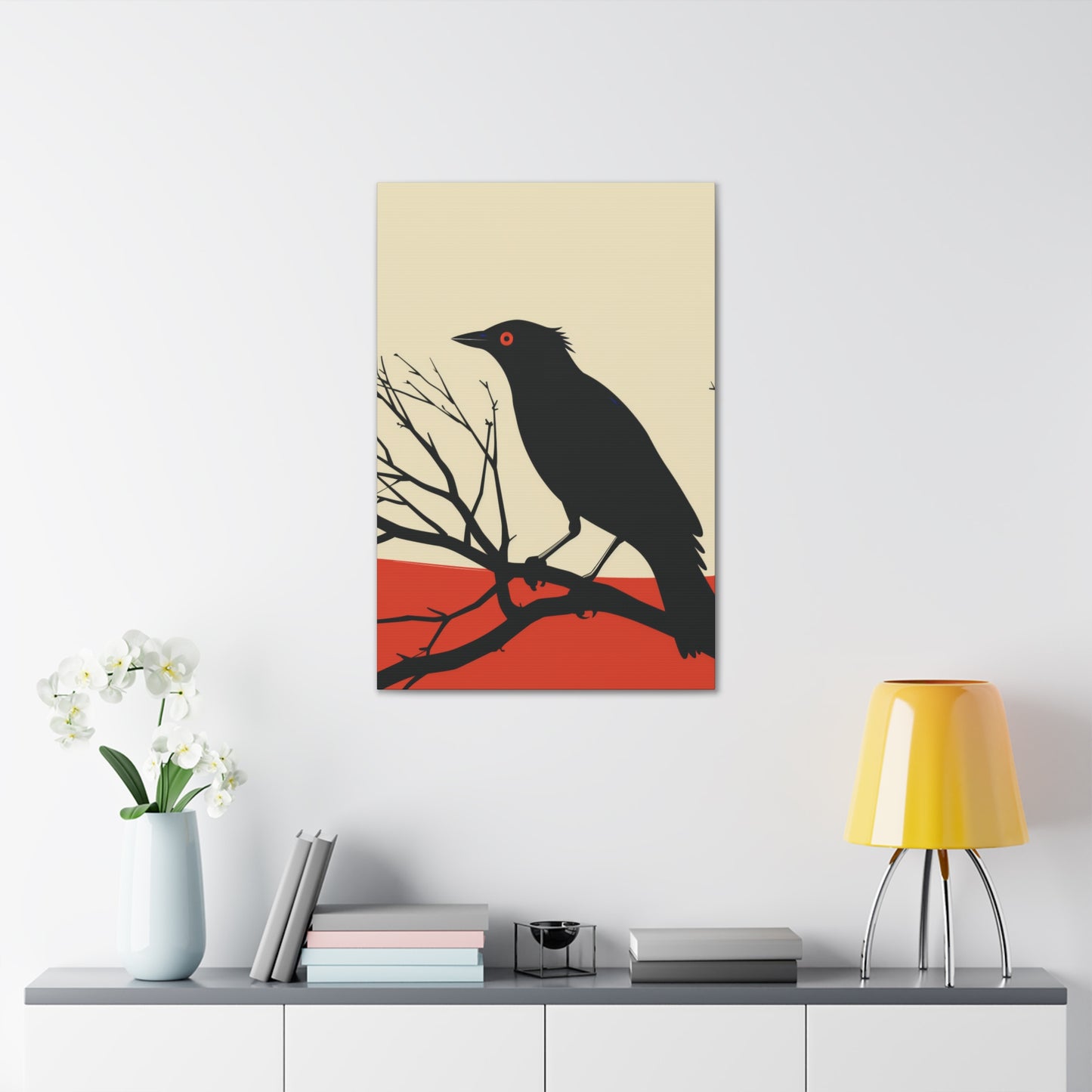 Black Bird Sitting on a Branch Digital Illustration Canvas Gallery Wraps