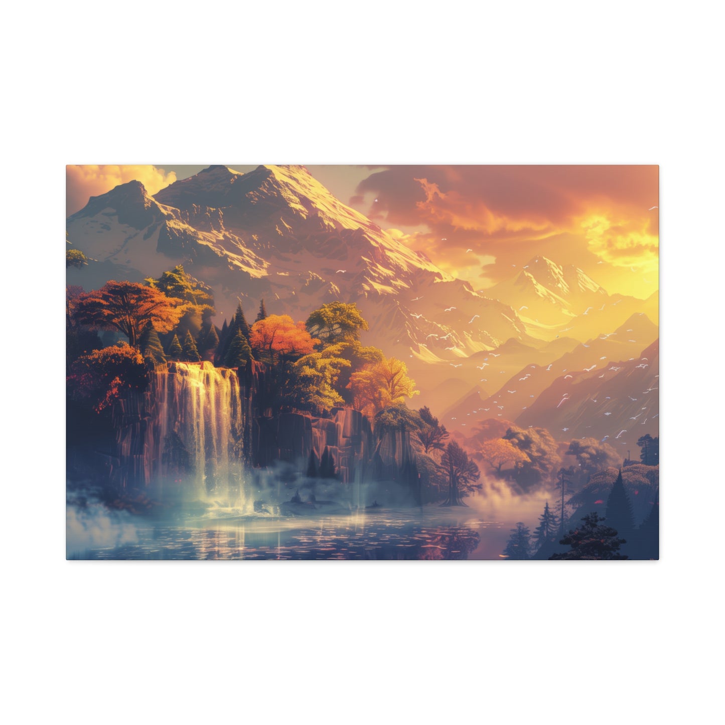 Dreamy Landscape Sunset with Waterfall and Mountains - Digital Illustration Canvas Gallery Wraps