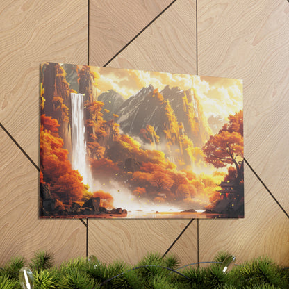 Dreamy Landscape Sunset with Waterfall and Mountains - Digital Illustration Canvas Gallery Wraps