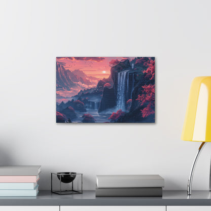 Dreamy Landscape Sunset with Waterfall and Mountains - Digital Illustration Canvas Gallery Wraps