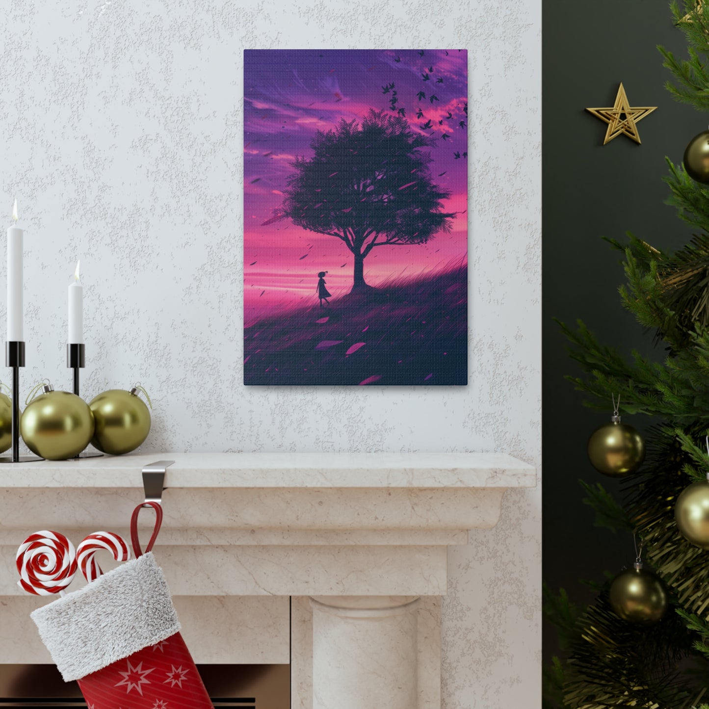 Tree in a Purple Sunset Digital Illustration Canvas Gallery Wraps