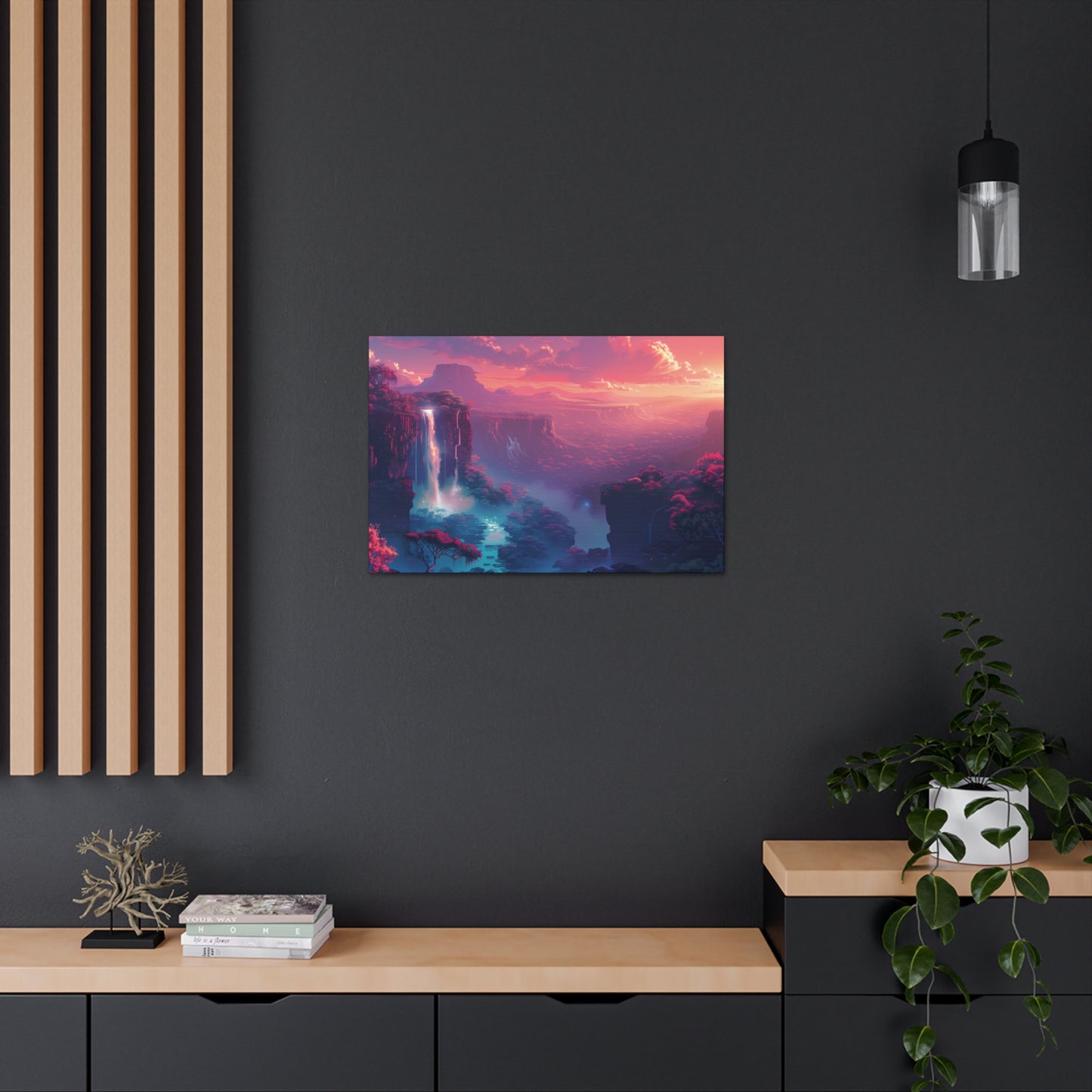 Dreamy Landscape with Waterfall and Mountains - Purple Evening Digital Illustration Canvas Gallery Wraps