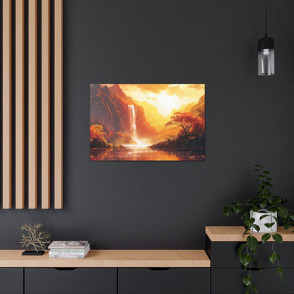 Dreamy Landscape Sunset with Waterfall and Mountains - Digital Illustration Canvas Gallery Wraps